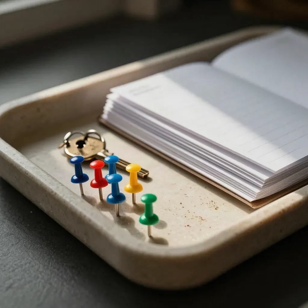 Macro of destination pins, brass key ring, and route folders on a travertine planner tray.