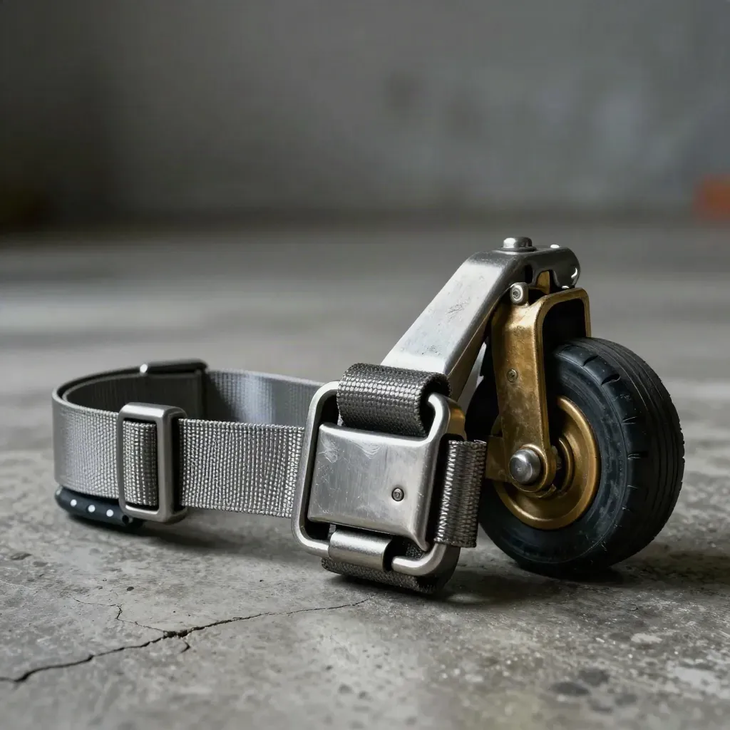 Cargo straps, ratchet buckle, corner protector, and wheel on concrete in moody warehouse light.