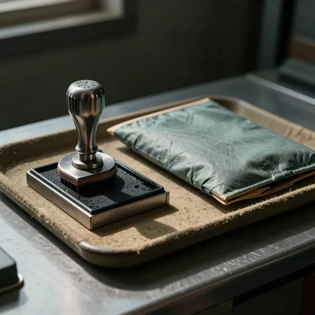 Customs seal press, stamp pad, cargo seal and sealed document pouch on a freight bench