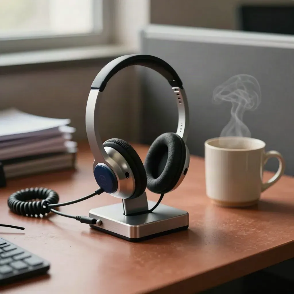 Headset, phone cradle, charging dock and steaming mug on a desk