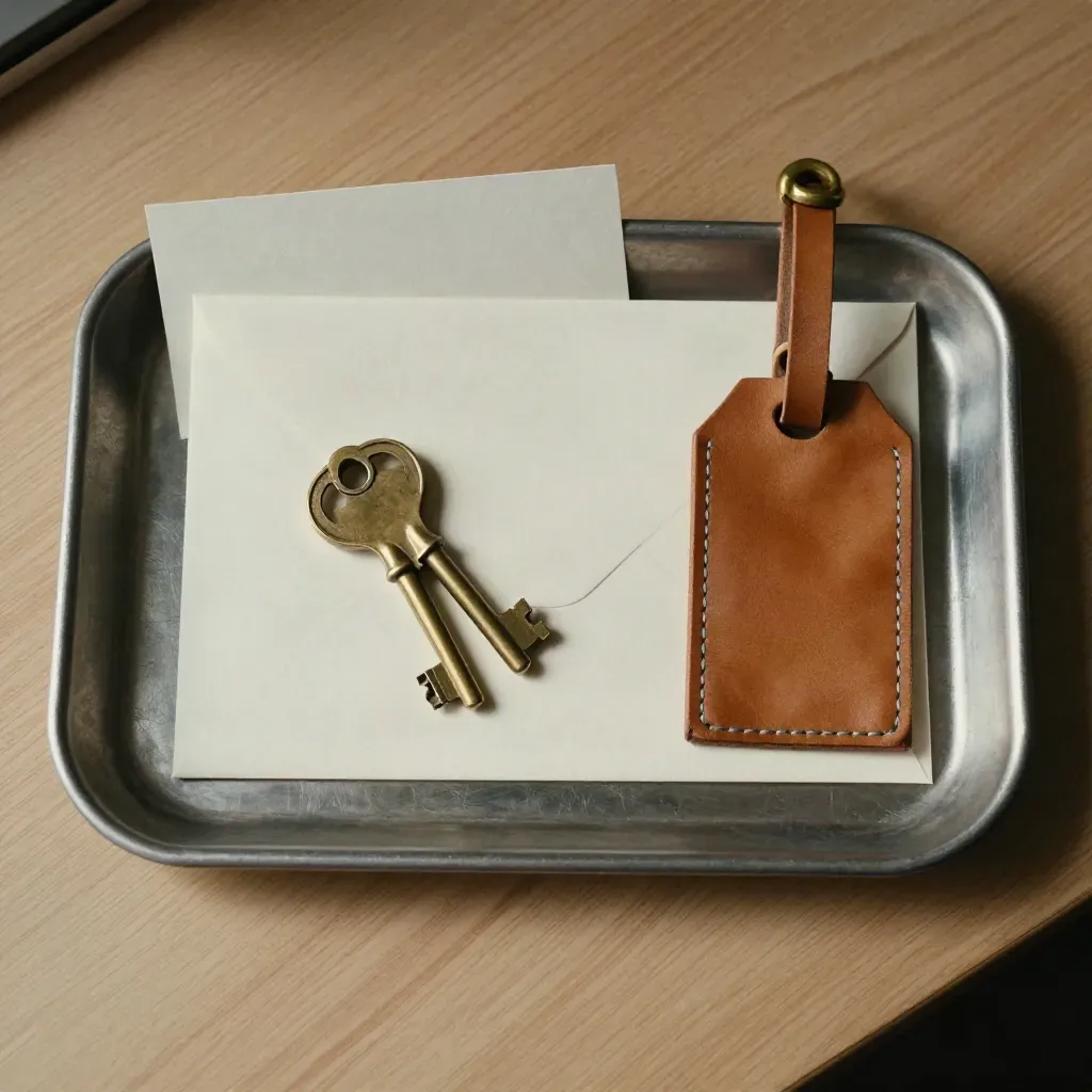 Brass keys, blank envelope and leather luggage tag in a tray on pale wood, lit from the side