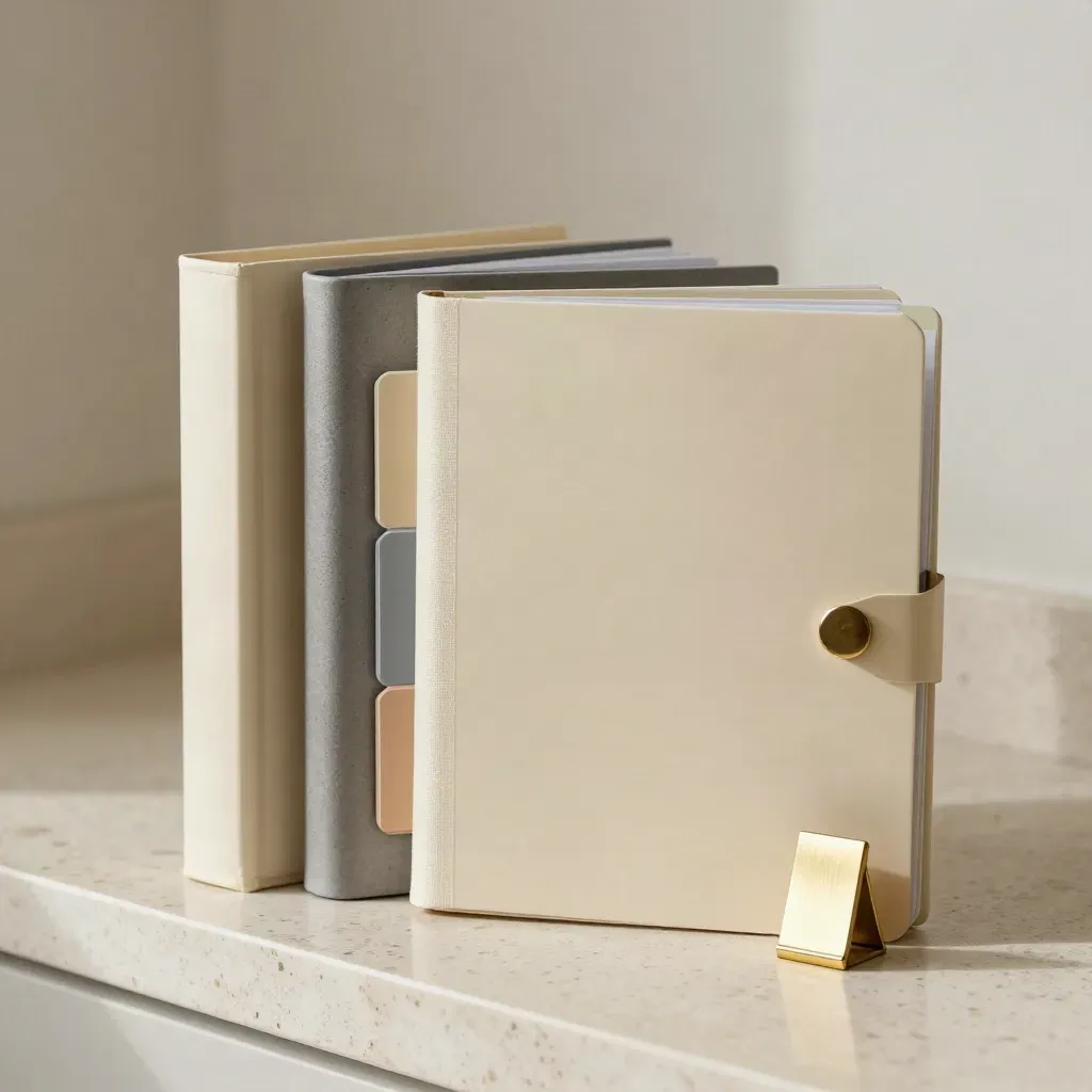 Cream route folders, brass route marker, and color tabs on travertine in soft light.