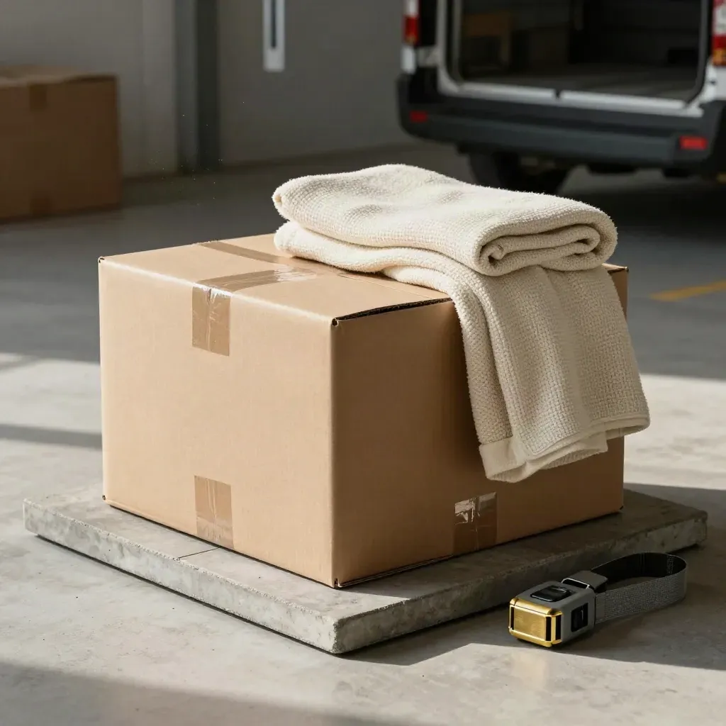 Carton, folded moving blanket, and ratchet strap on a concrete tray with dusty light.