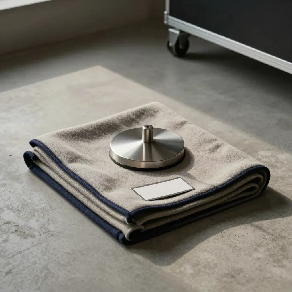 Overhead lamp base, folded blanket, shelf label and dolly wheel on quiet concrete