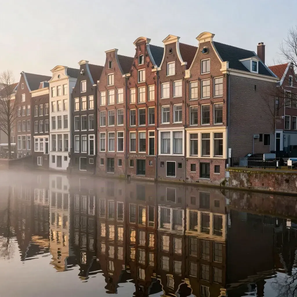 Amsterdam canal houses over still water at dawn with soft haze.