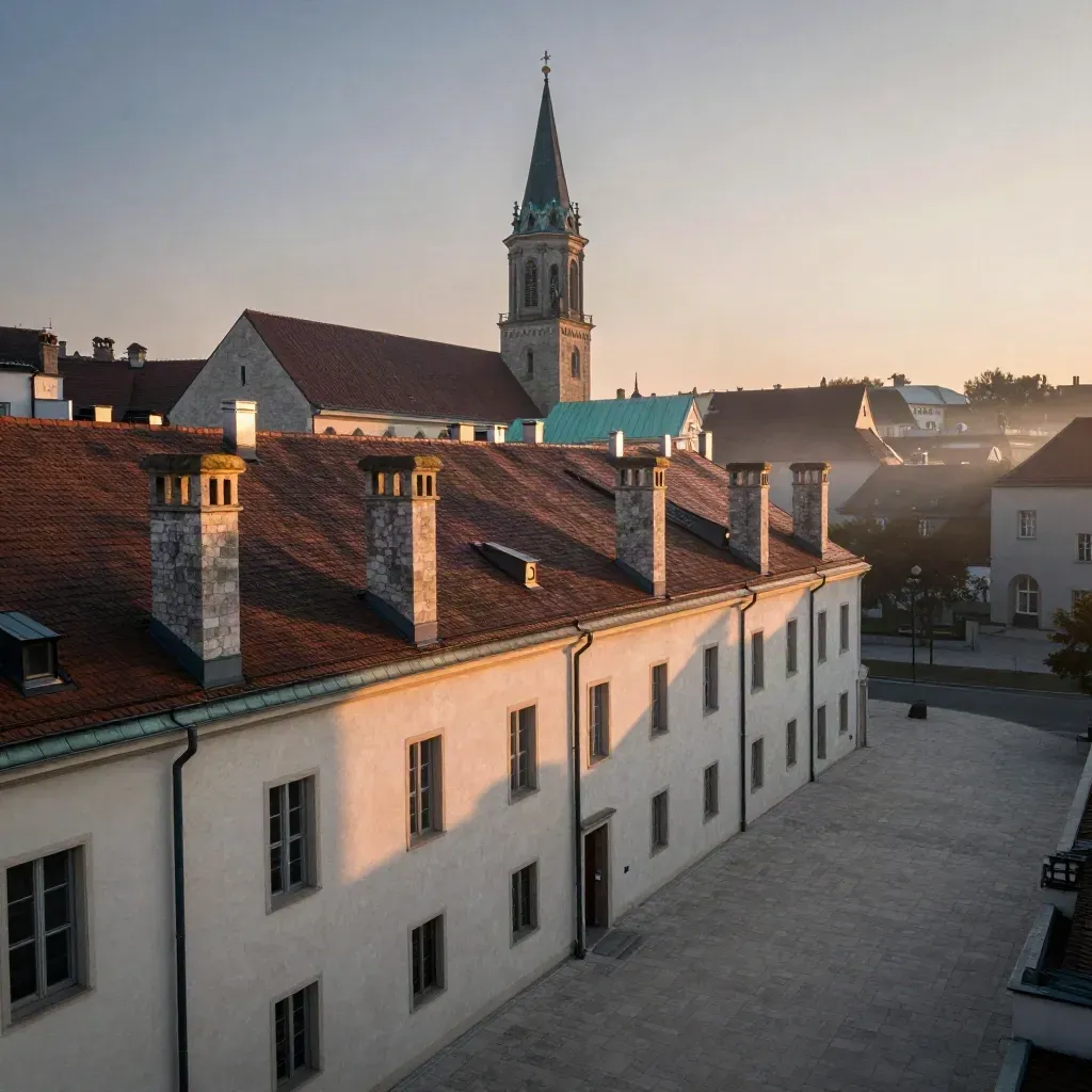 Vienna rooftops and cathedral tower over a misty limestone forecourt at sunrise.