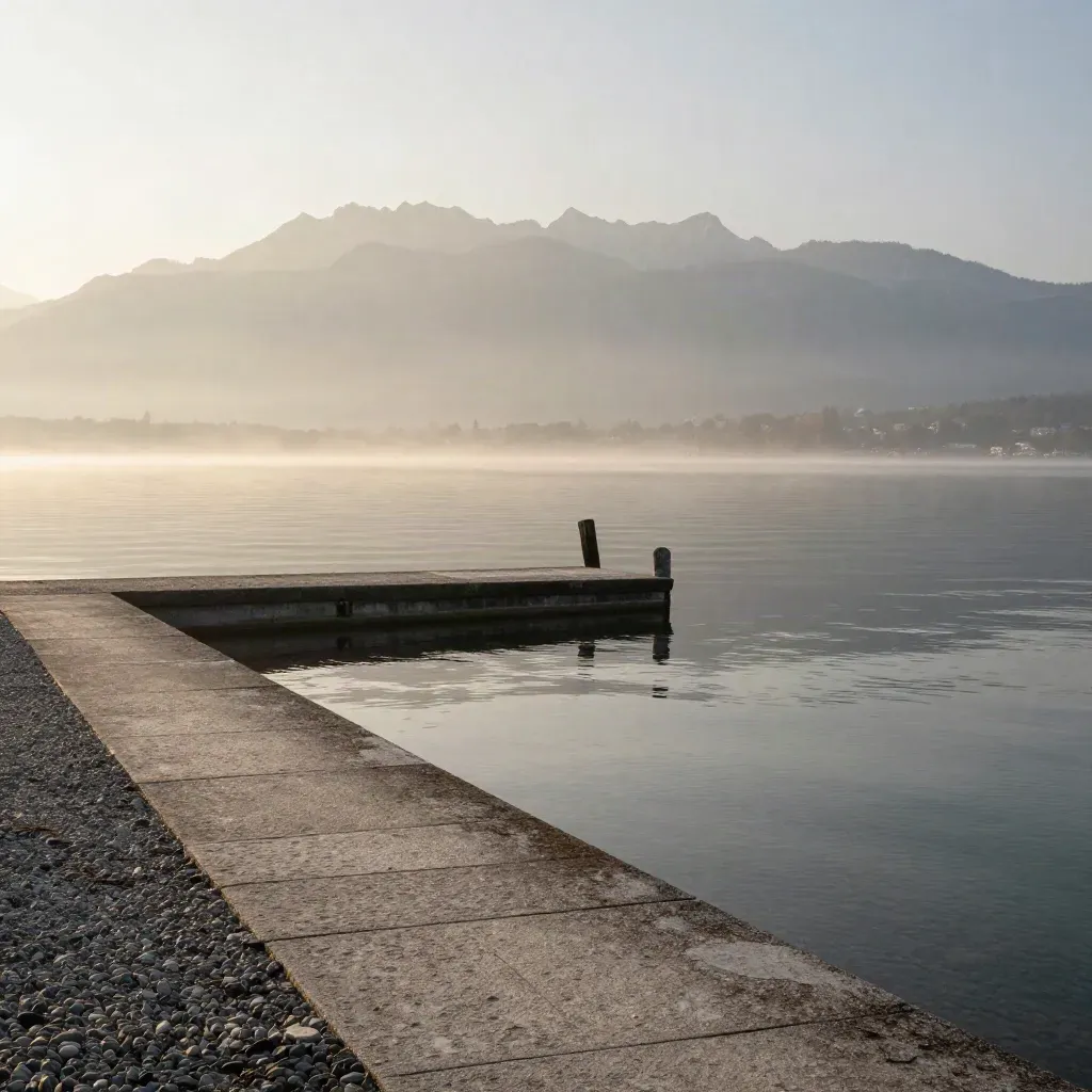 Quiet Geneva lakefront at dawn with misty Alps and open water copy space