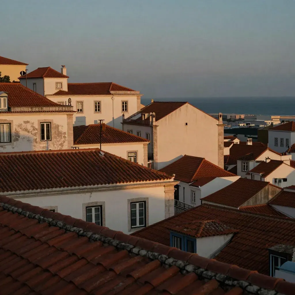 Lisbon rooftops and terraces in warm sea haze with calm copy space below