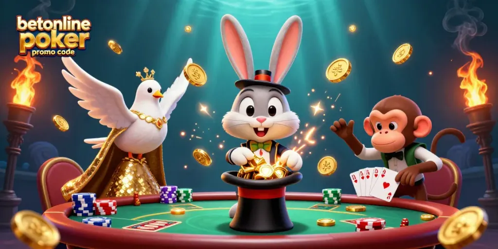 Engage in poker excitement with the betonline poker promo code while the magician pulls coins and a monkey steals chips.