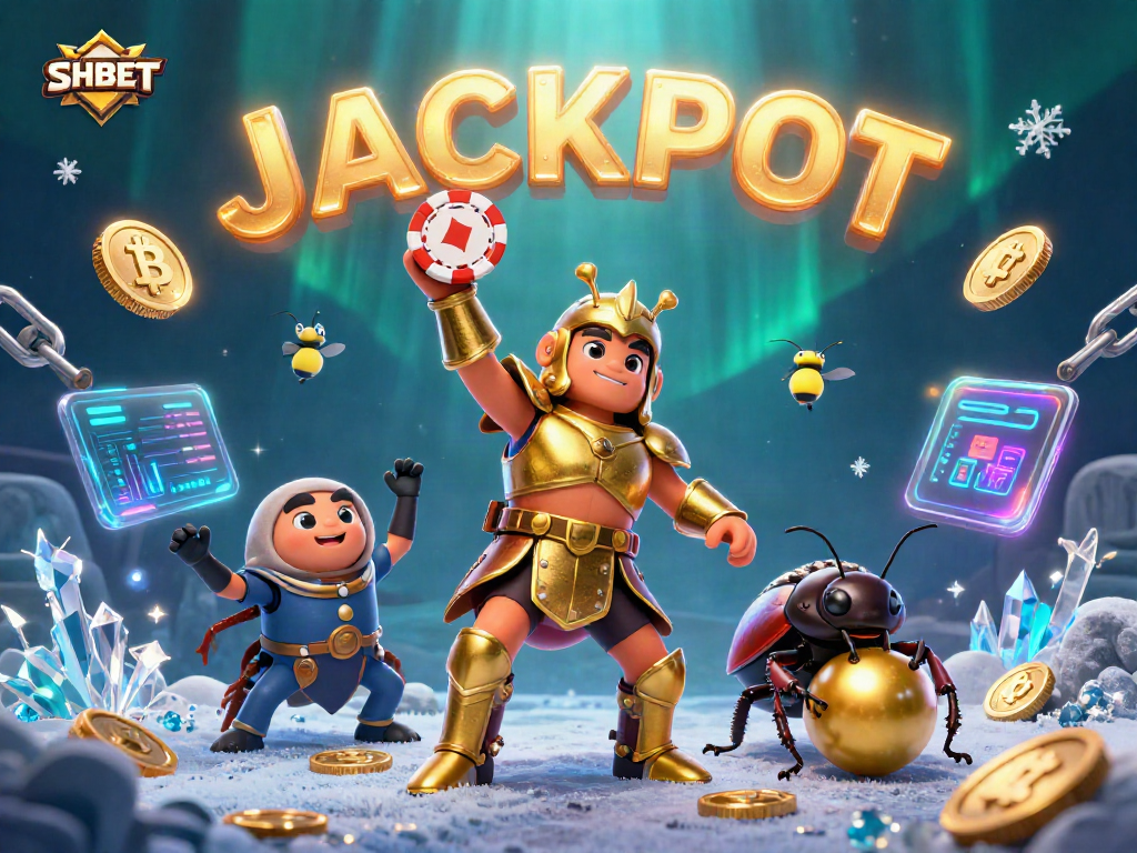 Engage with SHBET's vibrant 3D illustration highlighting cryptocurrency elements in a thrilling casino scene.