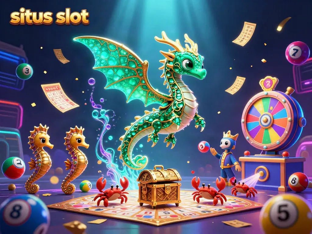 Memainkan situs slot dengan ilustrasi naga laut dan simbol keberuntungan di bawah laut.