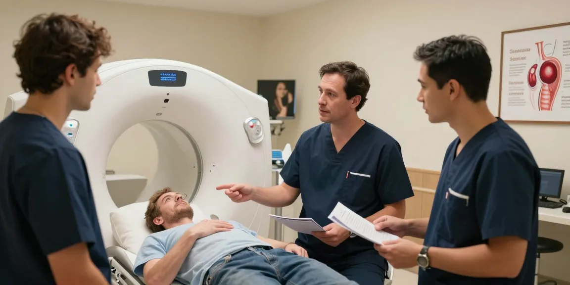 Prostate cancer treatment team discussing advanced MRI fusion biopsy techniques with compassionate care.