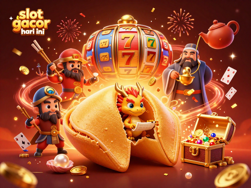 Engage with the slot gacor hari ini theme in this vibrant, detailed illustration of fortune and fortune cookies.