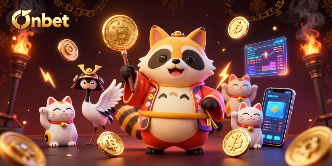 Experience thrilling gameplay on Onbet with a cheerful tanuki and fortune cats amidst vibrant crypto graphics.
