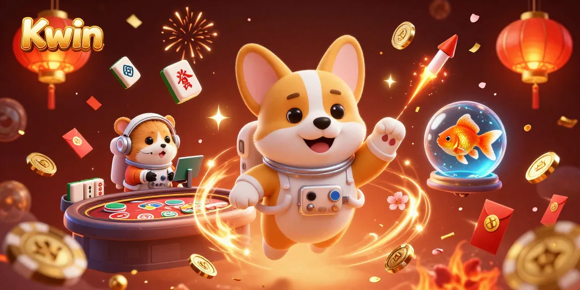 Kwin offers a dynamic gaming experience in a 3D casino with floating coins and vibrant decorations.