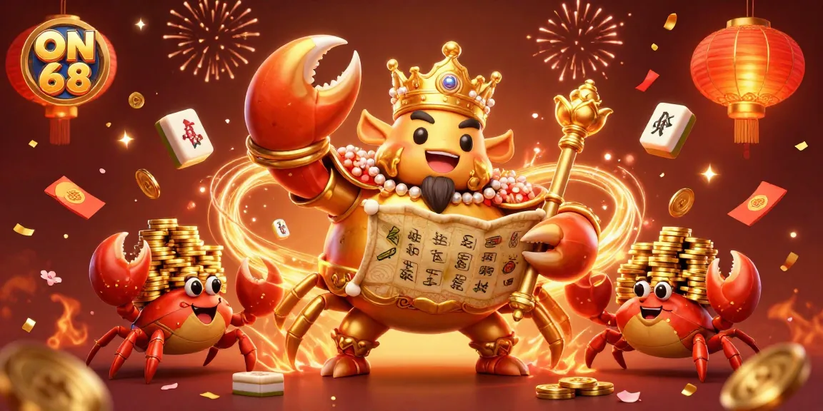 Engage with the ON68 online casino world, featuring a golden crab emperor overseeing treasure amidst festive elements.