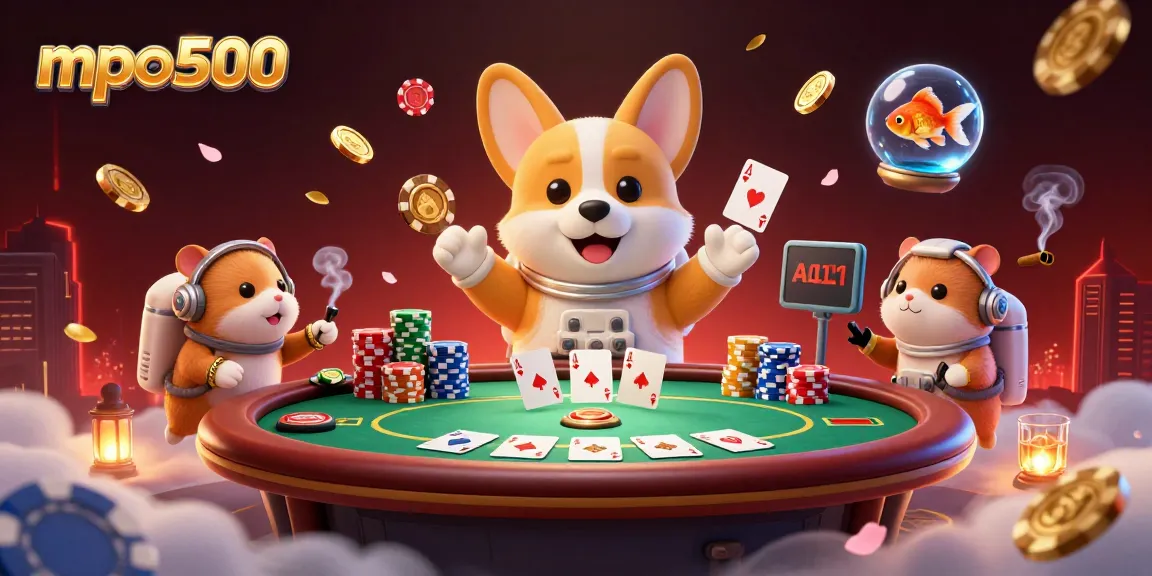 MPO500 astronaut corgi navigates a vibrant space casino, showcasing poker elements and floating coins.