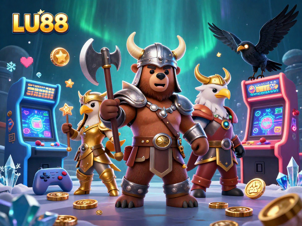 LU88 offers exciting gameplay with a cartoon viking bear and valkyrie, immersed in vibrant casino elements.