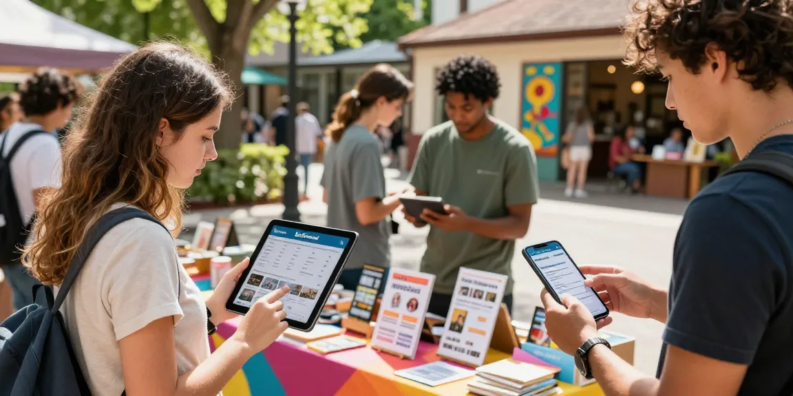 Engaging scene of users exploring BedPersonal for local classifieds in a vibrant marketplace setting.