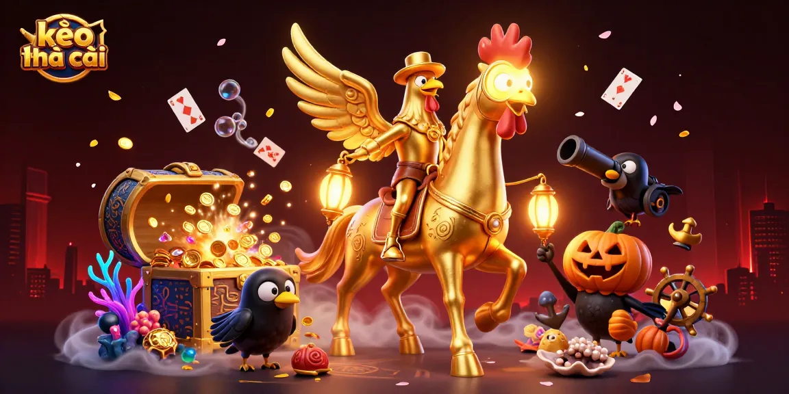 Experience kèo nhà cái action with golden rooster hero in a mystical casino scene filled with treasure.