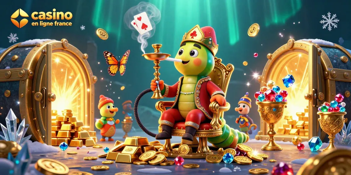 Illustration dynamique représentant un casino en ligne France avec un personnage emblématique et des éléments de jeux de hasard.