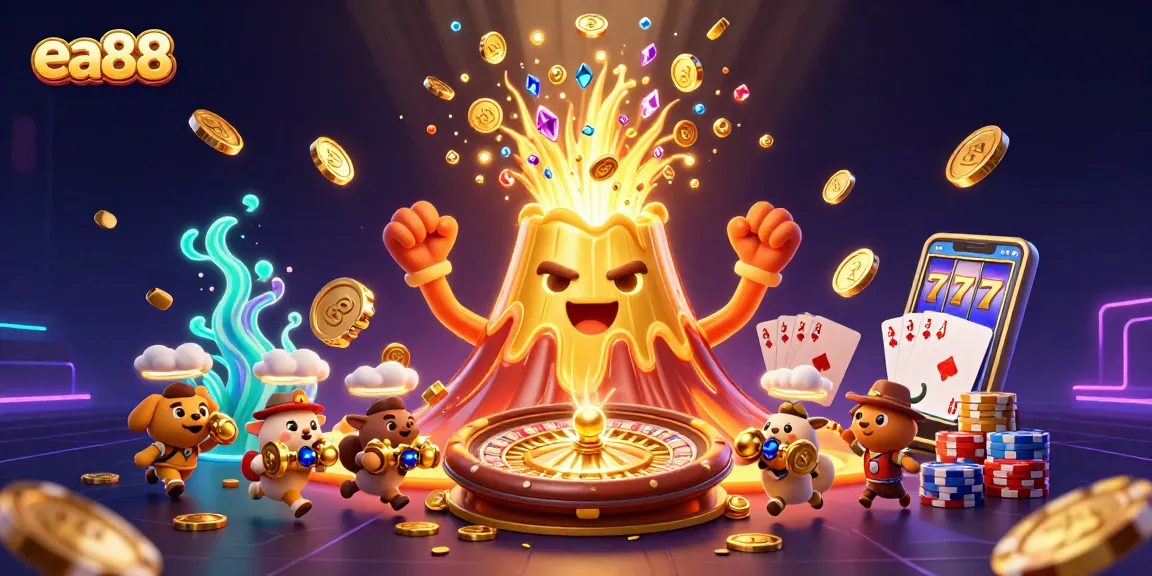 Spin to win at ea88 with exciting slots and treasures erupting from a golden volcano.