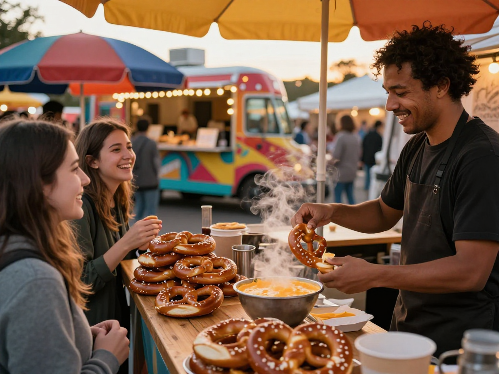 Best pretzel with cheese dip near me served at a vibrant outdoor market with happy customers.
