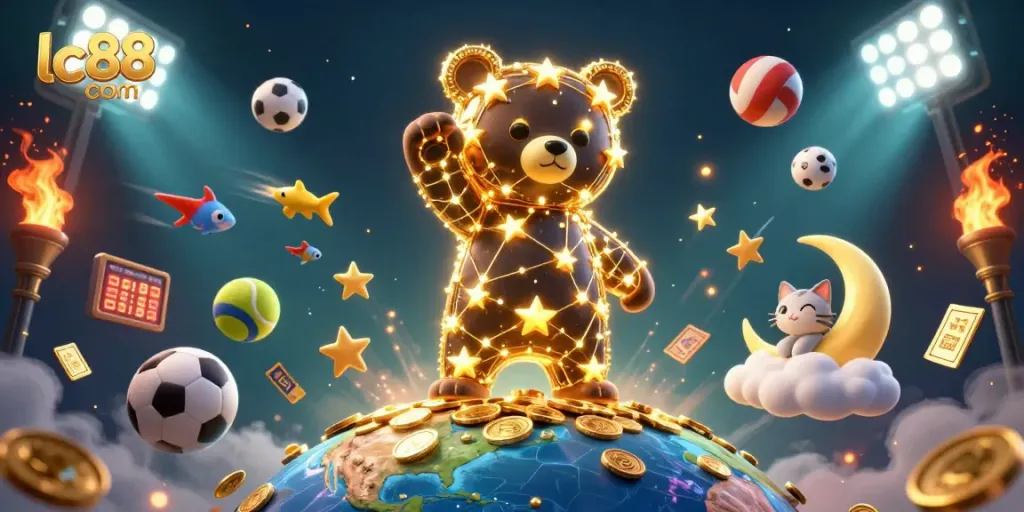 Engaging lc88 com scene featuring animated characters winning coins, sports elements, and a dynamic casino atmosphere