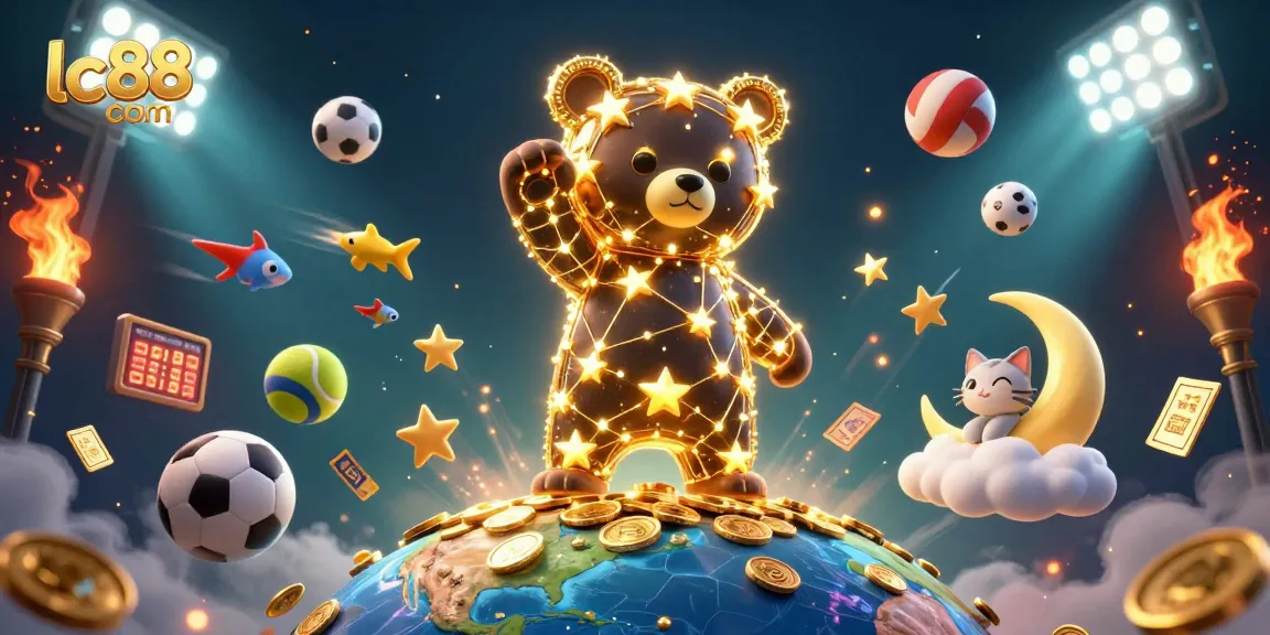 Engaging lc88 com scene featuring animated characters winning coins, sports elements, and a dynamic casino atmosphere