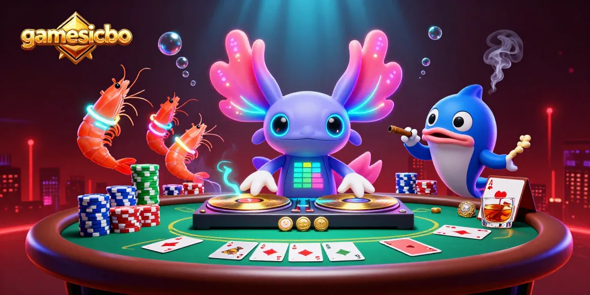 A vibrant gamesicbo scene with an axolotl DJ spinning records, glow shrimp dancers, poker elements, and underwater effects.