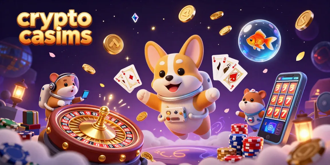 Cette illustration présente des crypto casinos où un corgi astronaute observe des jetons et des pièces flotter.