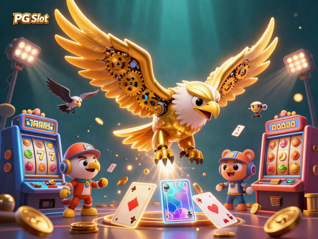 Menangkan permainan dengan PG Slot yang menampilkan karakter elang emas cybernetic dalam ilustrasi 3D yang menarik.