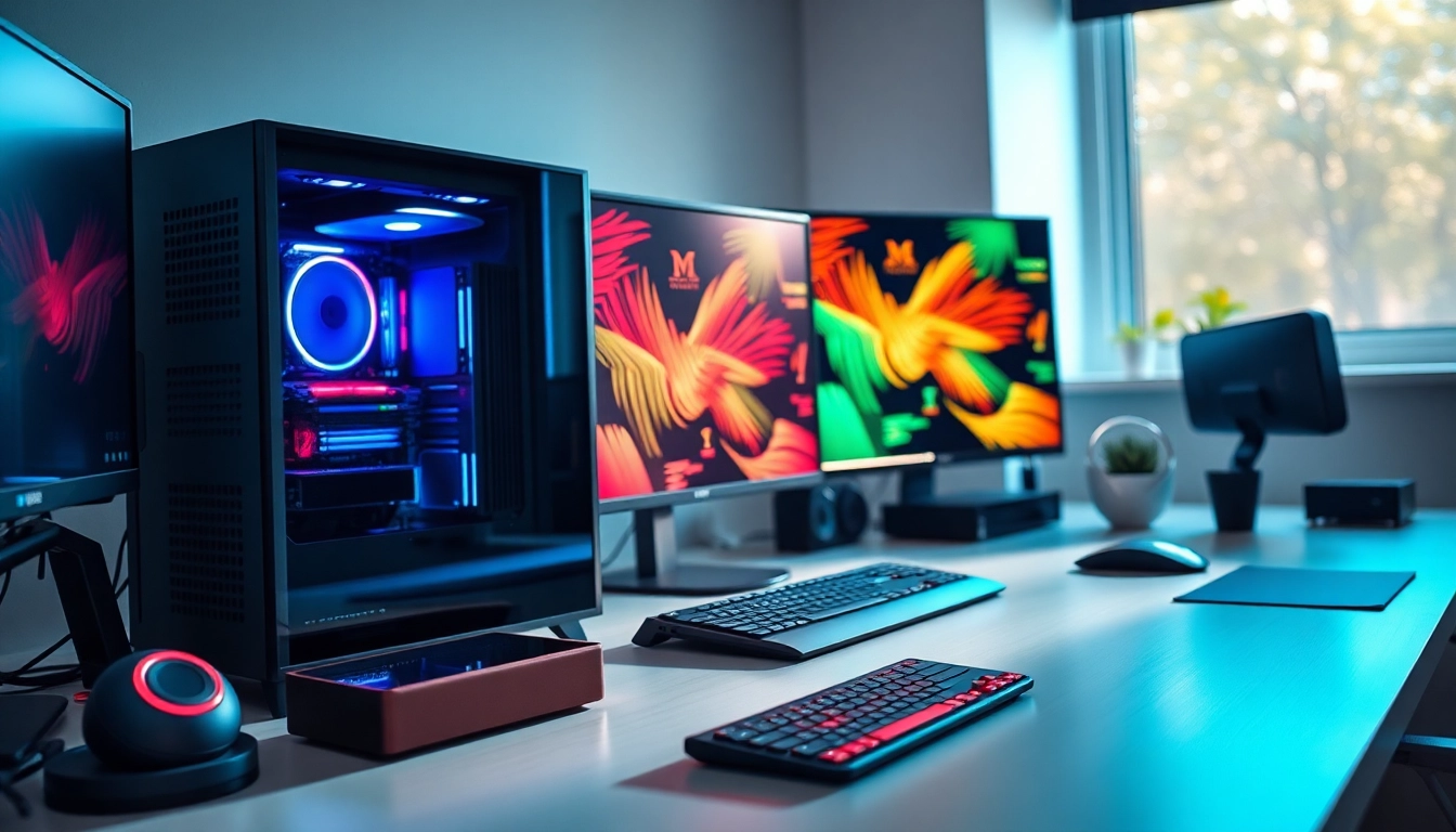 Η ρύθμιση ενός ανακαινισμένου pc σε ένα κομψό γραφείο με σύγχρονα αξεσουάρ.