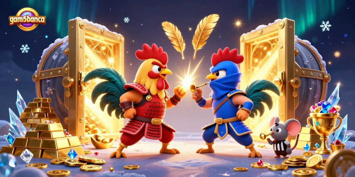 game5banca showcases twin fighting roosters in a vibrant gambling showdown with treasures.