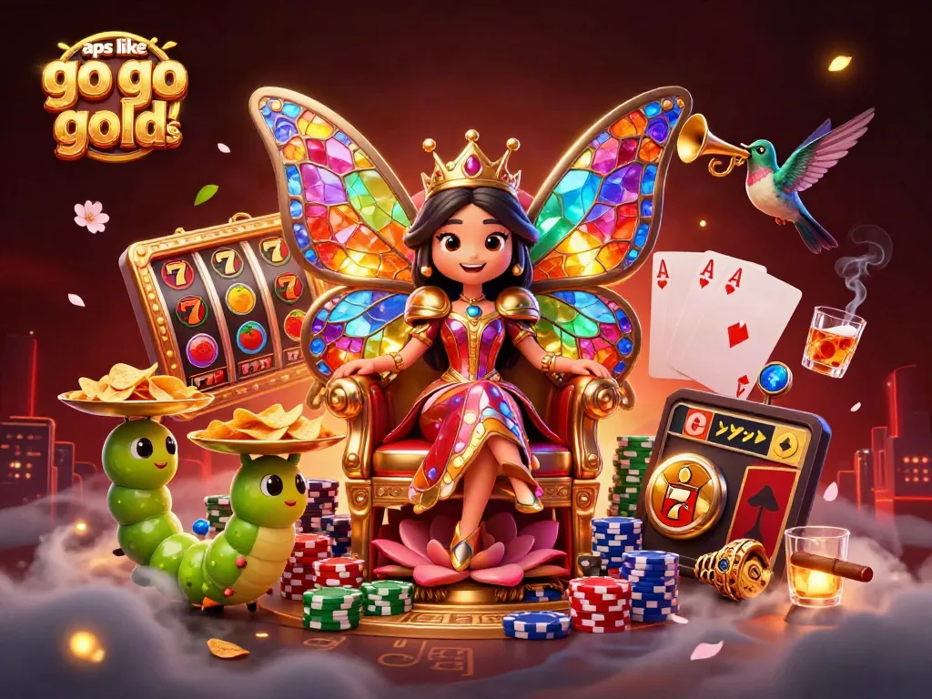 Engage with apps like go go gold slots in this vibrant 3D casino scene featuring slot reels and a whimsical butterfly queen.