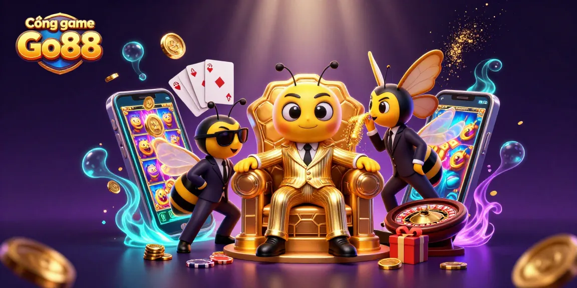 Cổng game Go88 offers an exciting illustration of a bumblebee mob boss in a casino setting, surrounded by gaming elements and dynamic energy.
