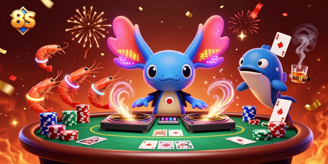 Engage in thrilling gameplay with 8S, featuring a vibrant casino scene with an axolotl DJ and poker elements.