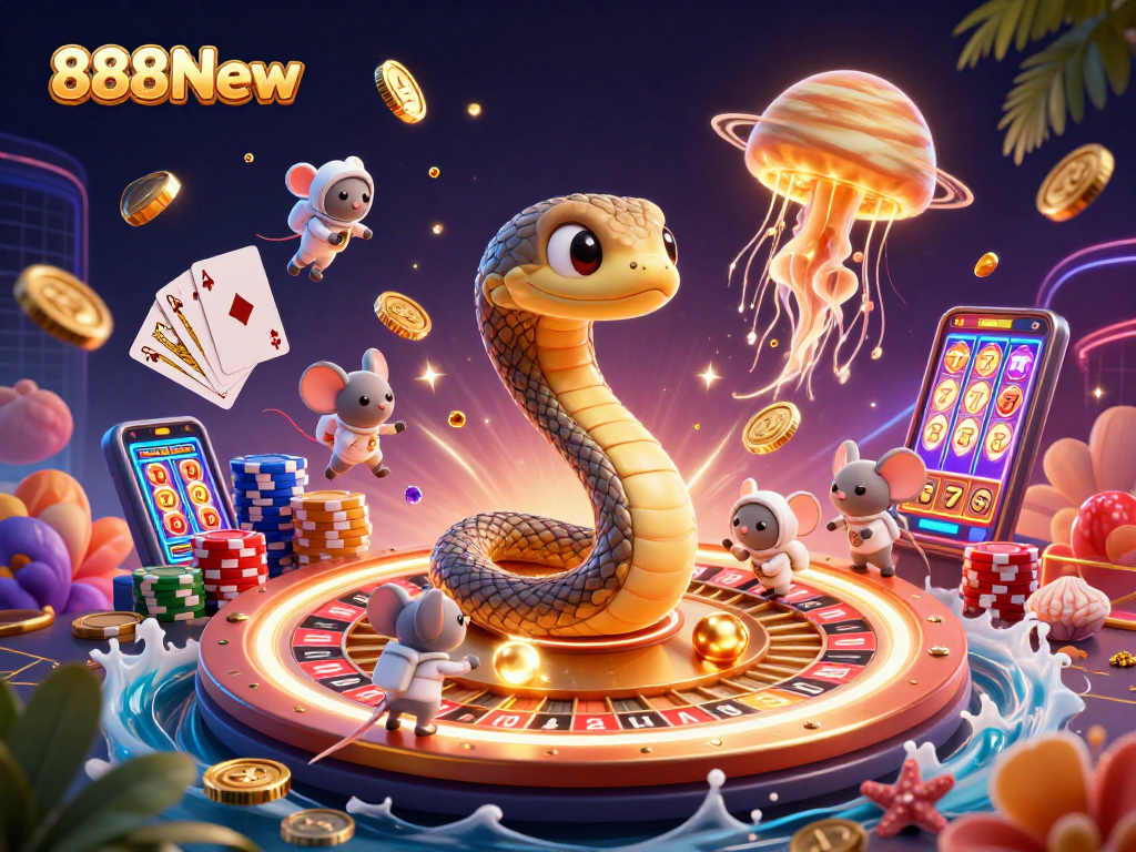Experience the excitement of 888New with vibrant gaming elements and cosmic characters in a thrilling casino atmosphere.