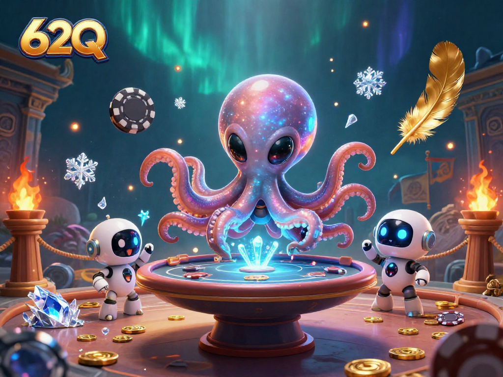 Aposte e vença com a nova ilustração intergaláctica de 62Q, onde um polvo alienígena e um robô jogam poker.