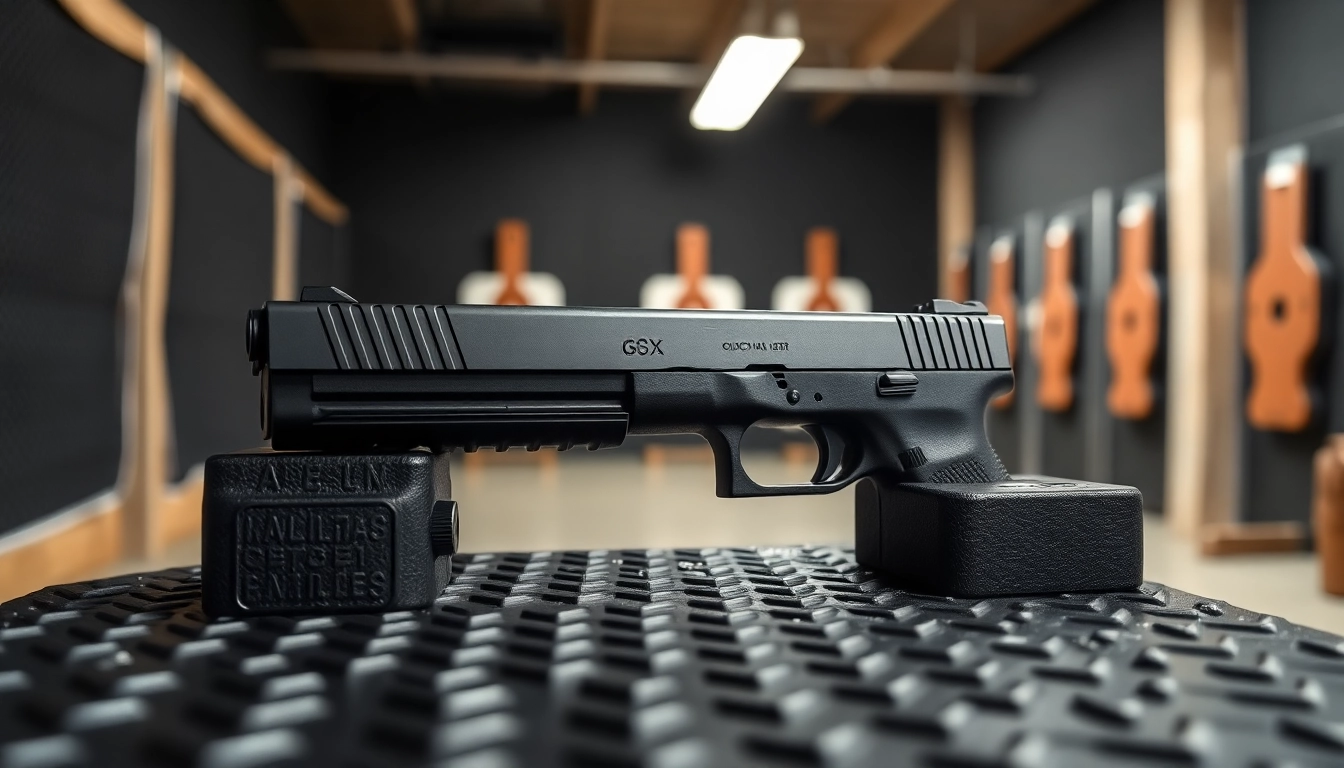 Showcase of glock 43x slide on a black pedestal, illustrating precision and craftsmanship.