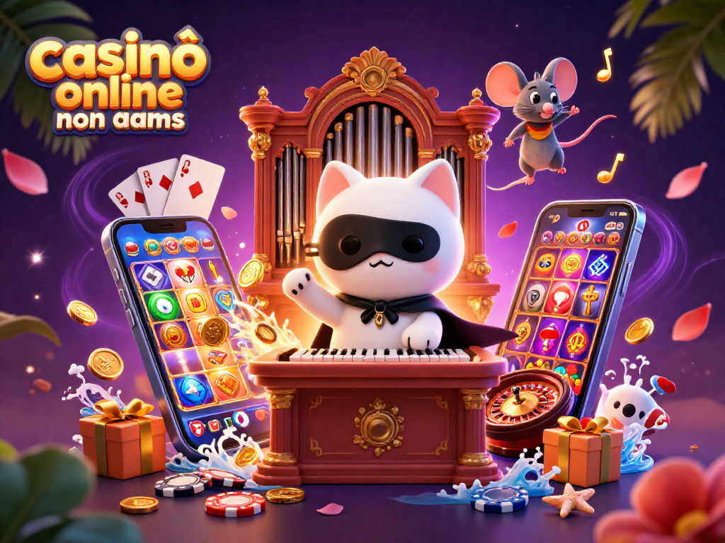 Gioca nel casinò online non aams, con un gatto bianco che suona un organo in un'atmosfera magica.