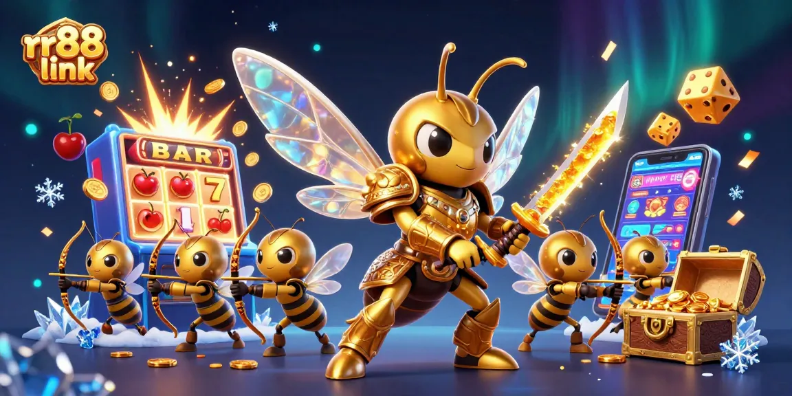 Experience thrilling gaming action at rr88 link with cartoon hornet samurai and vibrant casino elements.