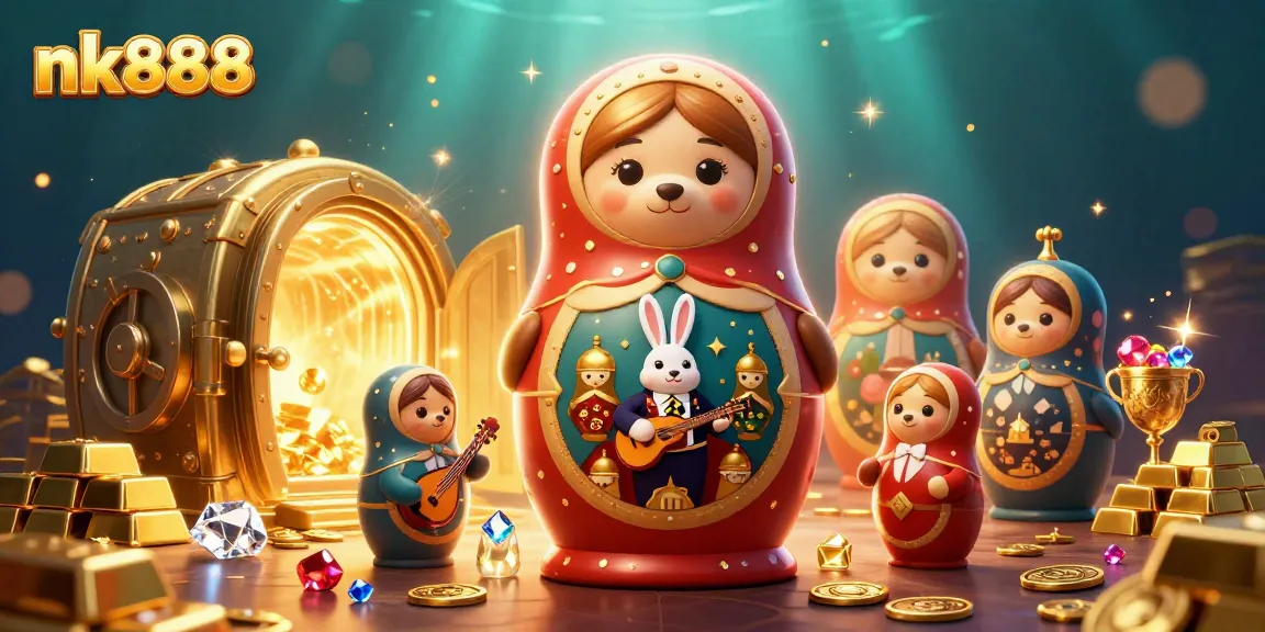 Engage with nk888's vibrant casino experience through a dazzling illustration featuring colorful characters and gold treasures.