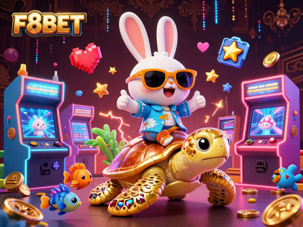 Engage with F8BET's vibrant casino world featuring a lucky rabbit and golden turtle.