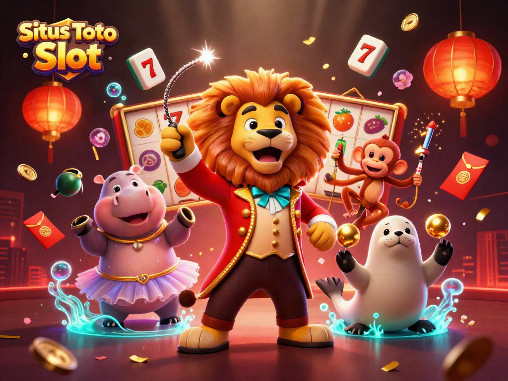 Menghadirkan Situs Toto Slot dengan simbol slot berkedip dan karakter lucu.