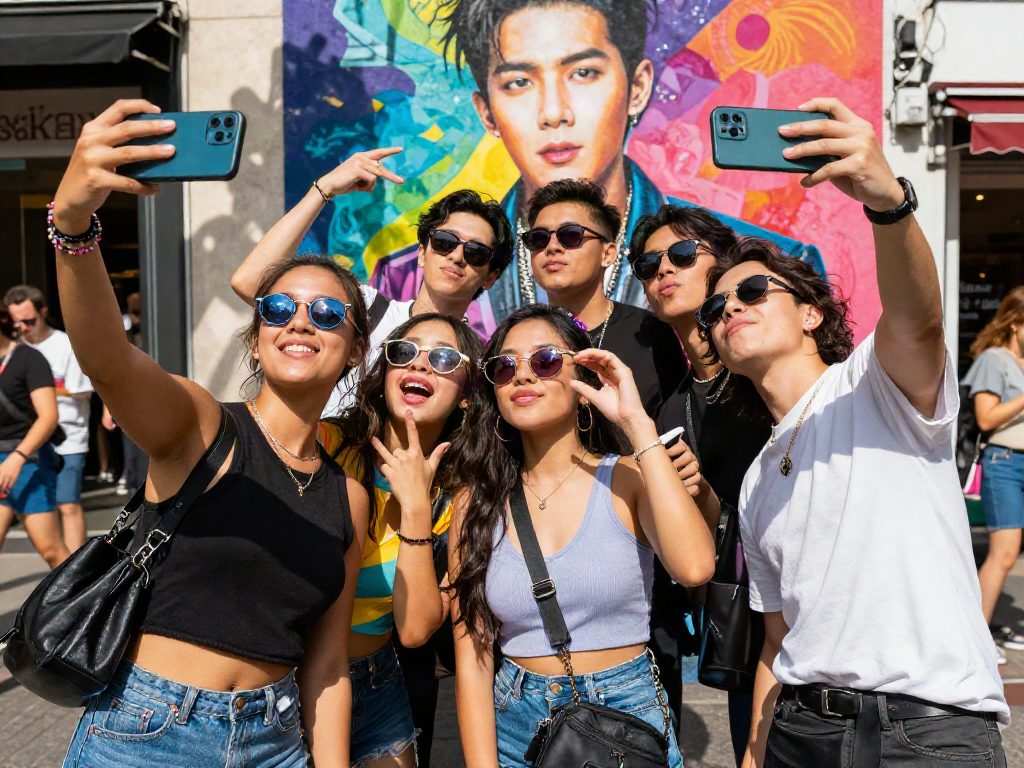 Friends enjoying selfies at a celebrity look alike mural showcasing their excitement and vibrant fashion.