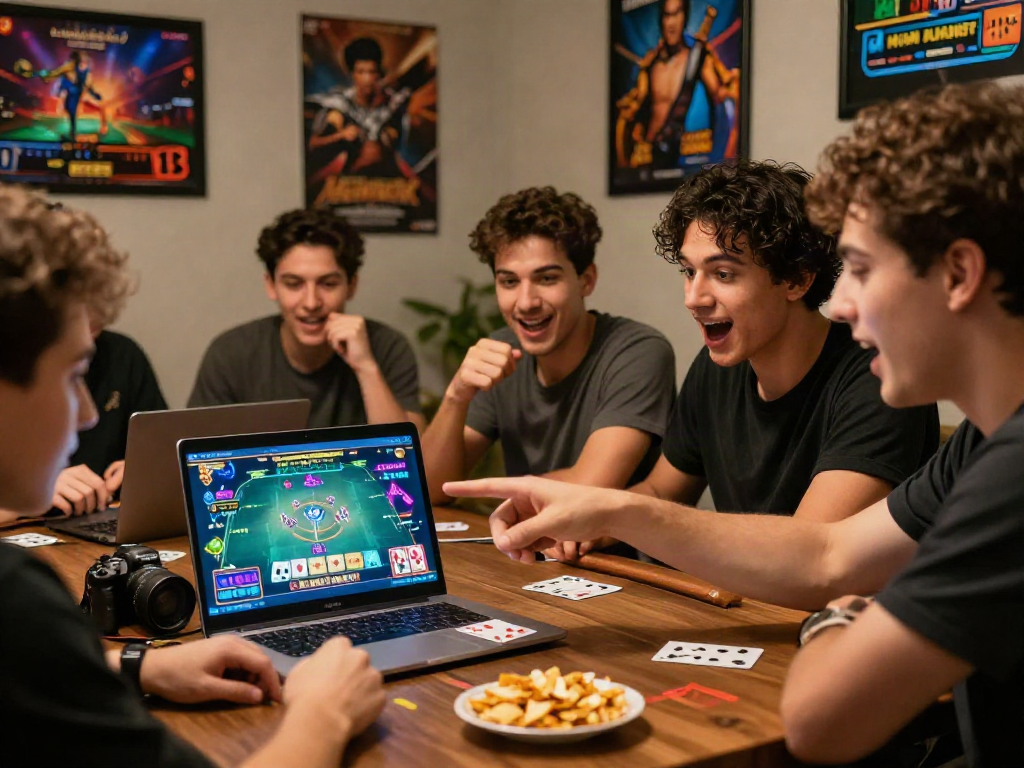 Friends enjoying an engaging situs toto online betting session, showcasing vibrant gaming atmosphere and camaraderie.