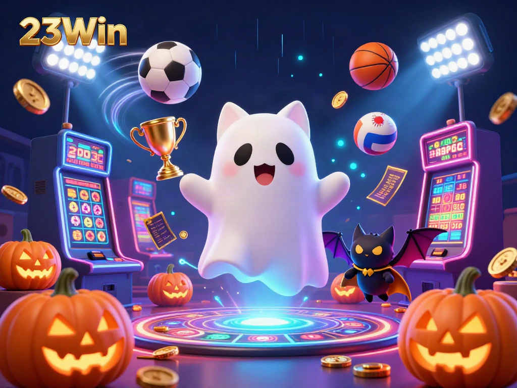 Experience thrilling gameplay with 23Win as a ghost cat guides you through a haunted casino filled with exciting sports elements.