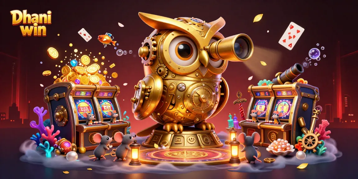 Dhani win showcases a dynamic casino scene with a majestic owl and playful mice amidst treasure and gaming excitement.