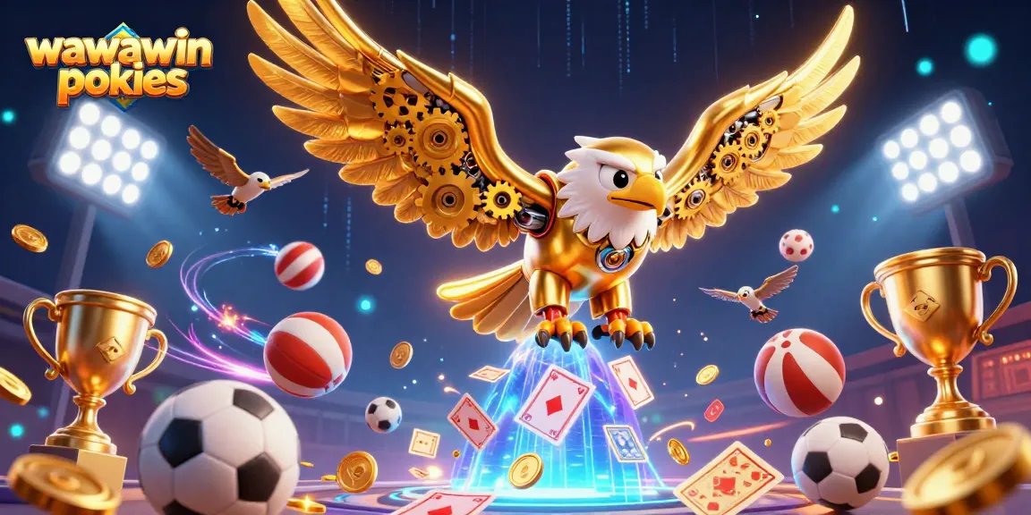 Experience thrilling wawawin pokies gameplay with a dynamite scene featuring a cybernetic eagle and vibrant casino elements.